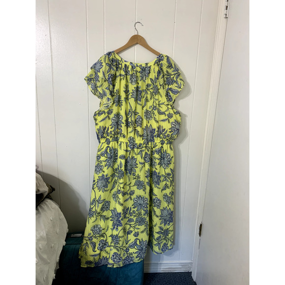 Loft Plus Trellis Garden Ruffle Sleeve Midi Dress Size 26 Yellow Elastic Waist - Picture 4 of 10
